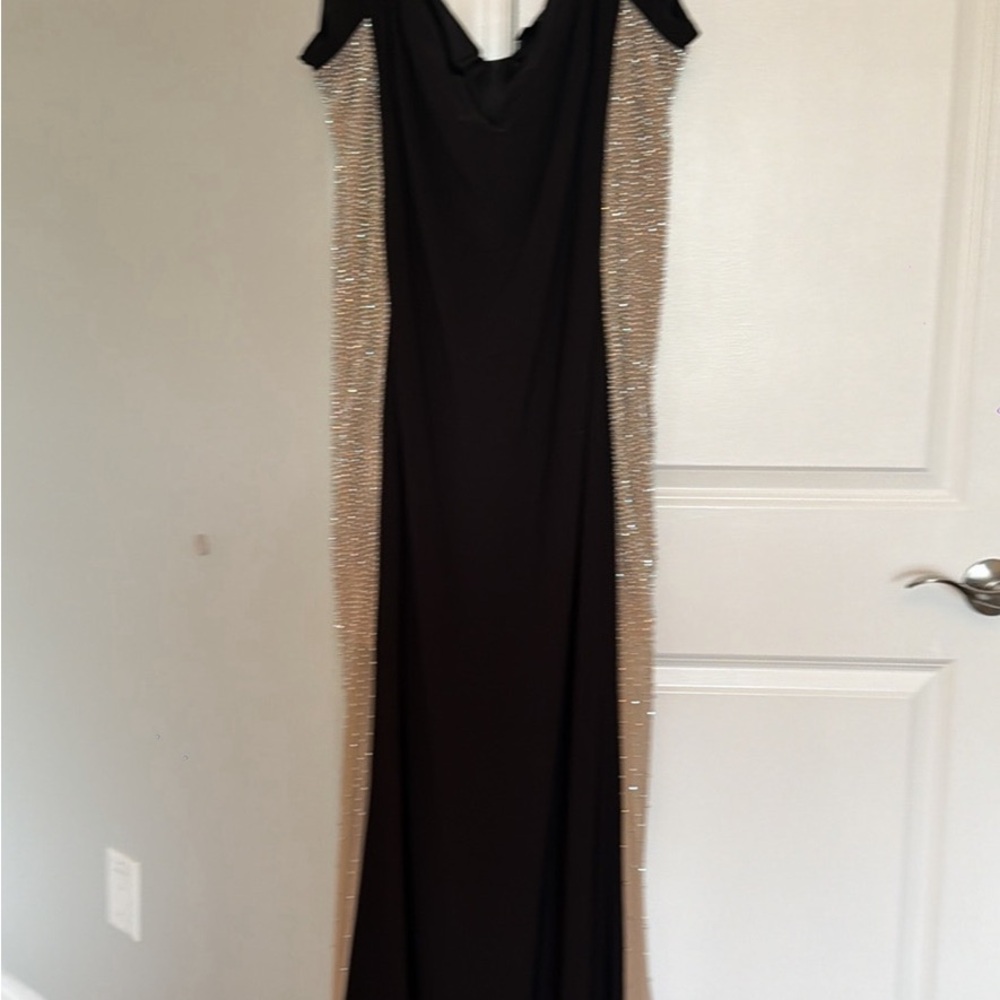 Xscape Black Maxi Dress with Gold Beaded Side Panels
